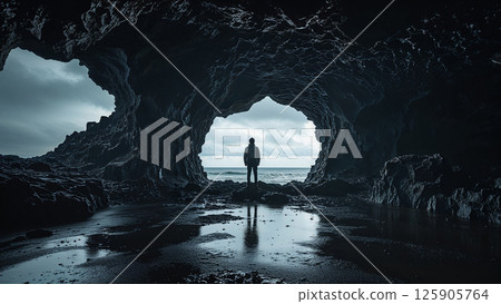 Young man exploring sea cave contemplating ocean horizon 125905764