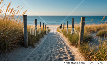 Sandy path leading to the beach through dune grass at sunset 125905765