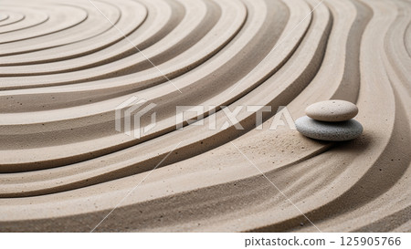 Stacked zen stones resting on concentric ripples of sand creating a tranquil scene 125905766