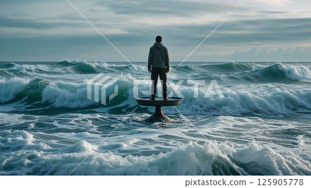 Man standing on a pedestal in the middle of rough sea waves 125905778