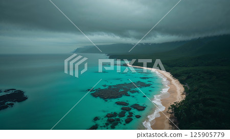 Turquoise water lapping a secluded sandy beach under dark storm clouds 125905779
