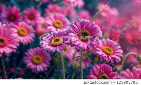 Pink daisies blooming in summer garden with blurred background 125905780