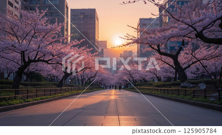 Cherry blossoms illuminating city street at dawn Cherry blossoms illuminating city street at dawn 125905784