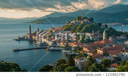 Vrsar, croatia, shines under golden sunset light, showing its harbor and hilltop church Vrsar, croatia, shines under golden sunset light, showing its harbor and hilltop church 125905790