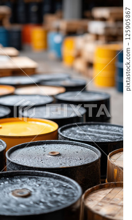 Oil barrel storage industrial metal container wet warehouse supply oversupply 125905867