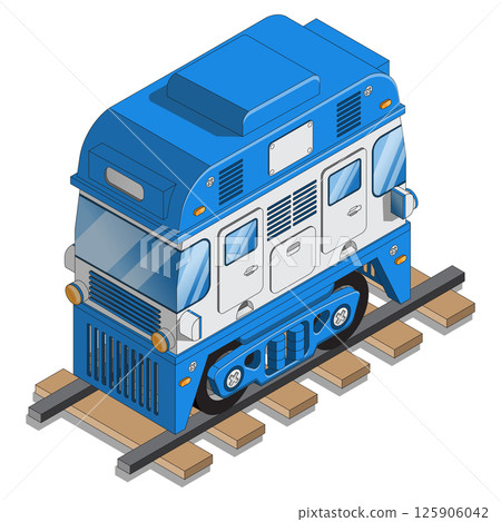 Funny locomotive. Isometric. Isolated on white background. Vector illustration. Funny locomotive. Isometric. Isolated on white background. Vector illustration. 125906042