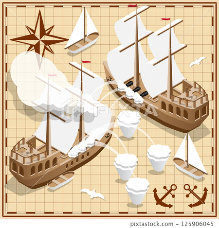 Battleship on the old map. Isometric. Vector illustration. Battleship on the old map. Isometric. Vector illustration. 125906045