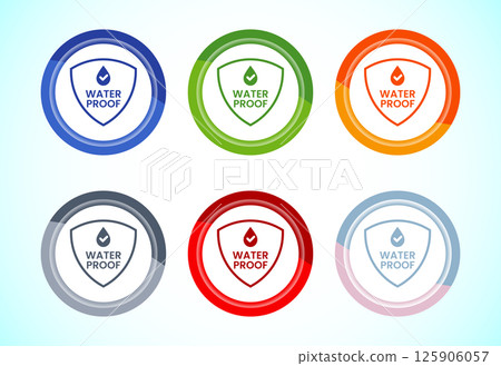 Waterproof icon design illustration, liquid proof protection, water resistant sign symbol, 6 color button design set Waterproof icon design illustration, liquid proof protection, water resistant sign symbol, 6 color button design set 125906057
