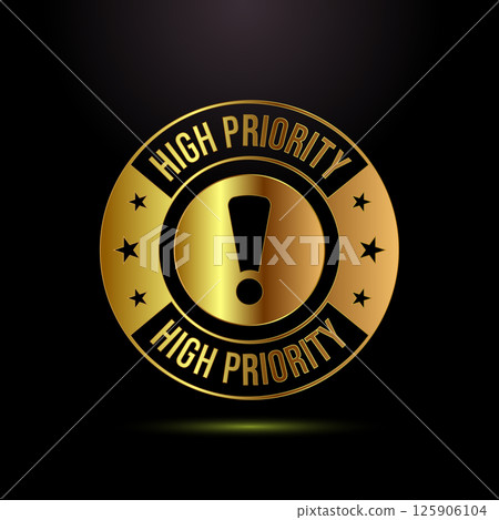 High priority icon design illustration. High priority label badge sign symbol in gold color style High priority icon design illustration. High priority label badge sign symbol in gold color style 125906104