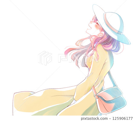 A woman looking up and laughing while being blown by the wind 125906177