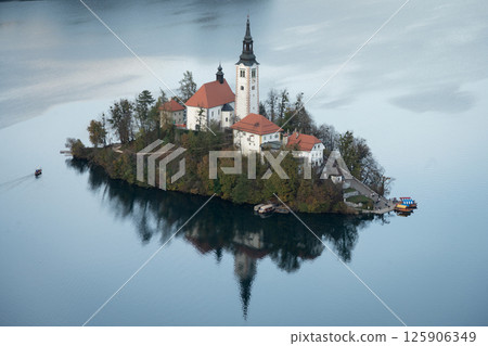 Small island with church and monastery located in the middle of a lake, Bled, Slovenia Small island with church and monastery located in the middle of a lake, Bled, Slovenia 125906349