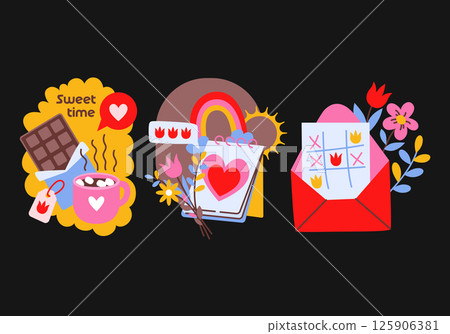 Spring and summer set of holiday compositions in retro cartoon style, Cute doodle illustrations in 80s-90s style, trendy flat stickers for decor and printing. Sweets, mug with tea, calendar, envelope. 125906381