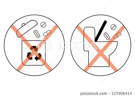Do not dispose medications in trash or toilet. Pharmaceutical waste disposal warning icons. 125906414