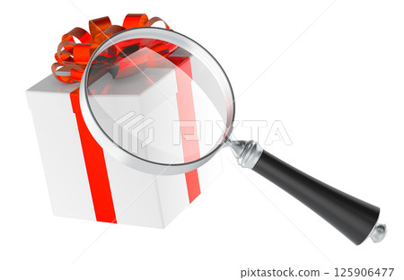 Magnifying glass with gift box. Gift search concept. 3D rendering 125906477