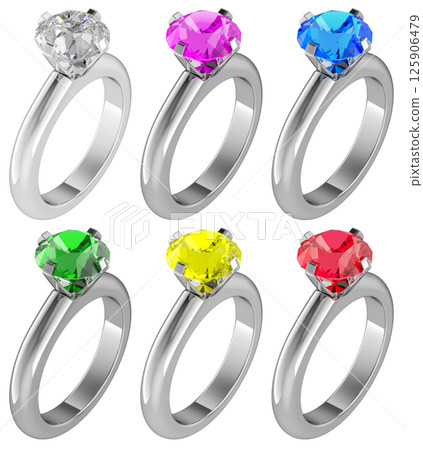 Platinum engagement rings with different gemstones, 3D rendering Platinum engagement rings with different gemstones, 3D rendering 125906479