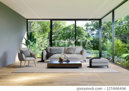 Modern contemporary style living room with tropical green garden background 3d render Modern contemporary style living room with tropical green garden background 3d render 125906496