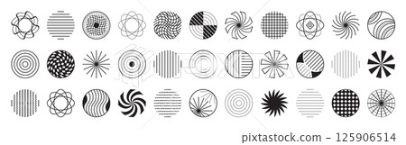 Black line and dotted circle set, monochrome round shapes, vector abstract radial forms 125906514