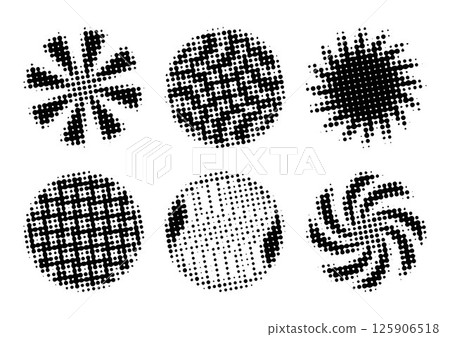Black dotted halftone circle set, collection of trendy vintage round shapes, vector retro radial forms, dark gradients with grunge effect, monochrome modern abstract backgrounds Black dotted halftone circle set, collection of trendy vintage round shapes, vector retro radial forms, dark gradients with grunge effect, monochrome modern abstract backgrounds 125906518