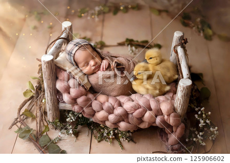 Adorable newborn baby sleeping peacefully in a rustic wooden bed with soft blankets and two fluffy yellow ducklings beside, creating a cozy and heartwarming springtime scene filled with tenderness 125906602