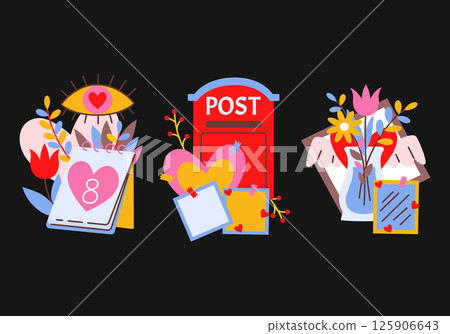 Spring and summer set of holiday compositions in retro cartoon style. Cute doodle illustrations in 80s-90s, trendy flat stickers for decor and printing. Greeting card, birthday, celebration, gift. 125906643