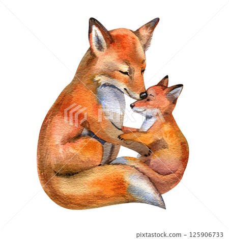 Foxes. Mum with a child isolated on a white background. Fox mum and baby. Watercolor. Template. Clipart. Mothers Day. Greeting card design. Concept of love, motherhood. Breast-feeding. Emblems. Foxes. Mum with a child isolated on a white background. Fox mum and baby. Watercolor. Template. Clipart. Mothers Day. Greeting card design. Concept of love, motherhood. Breast-feeding. Emblems. 125906733