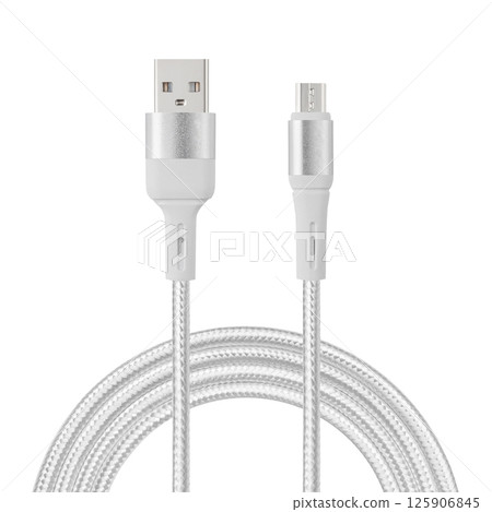 white cable for charging and synchronization with USB and Micro USB connectors on a white isolated background white cable for charging and synchronization with USB and Micro USB connectors on a white isolated background 125906845