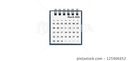 Desktop calendar for March 2026 in white colour. Mini planner for business and finance, spiral view on isolated white background Desktop calendar for March 2026 in white colour. Mini planner for business and finance, spiral view on isolated white background 125906852