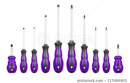 Set of Philips and flathead screwdrivers Purple, violet color on isolated white background 125906903