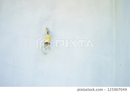 Light bulb with power cables sticking out of concrete wall. 125907049