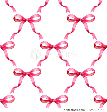 Coquette seamless pattern of pink watercolor bows and ribbons. Cute background 125907148