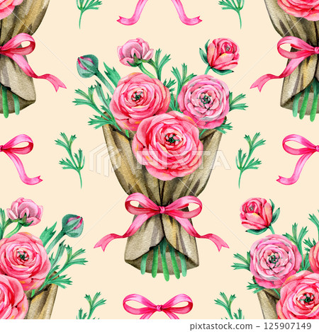 Pink ranunculus and greenery watercolor seamless pattern. Floral summer watercolor print 125907149