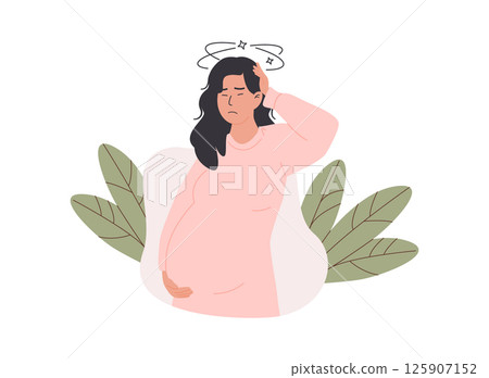 Pregnant woman experiencing dizziness and discomfort, conceptual medical illustration highlighting maternal fatigue and prenatal health. Vector illustration on white background. Anemia, preeclampsia. 125907152