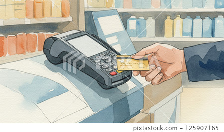 Watercolor illustration of a person paying by card at a supermarket 125907165
