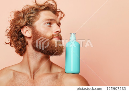 Young man with a beard and wavy hair gazes aside while balancing a shampoo bottle on his shoulder. The light background and clear focus highlight personal grooming, care in an aesthetic composition. 125907283