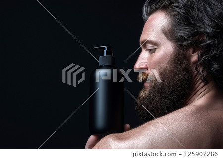 Man with curly hair holding a shampoo bottle against a dark background. Curly haired man with beard with a shampoo bottle standing on his shoulder, highlighting hair care concepts. 125907286