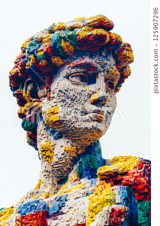 Statue of David, Michelangelo's David statue made from kids constructor parts. Vivid 3D sculpture made of multicolor bricks showcasing artistic detail and innovation. Modern art 125907296