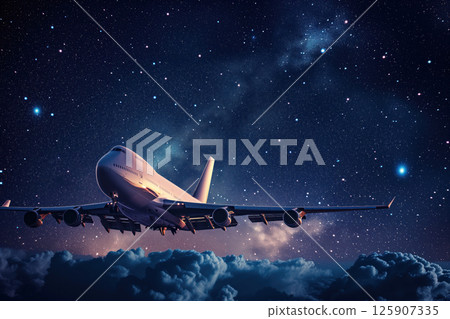 In night, an airliner flies high over clouds AI Generation In night, an airliner flies high over clouds AI Generation 125907335