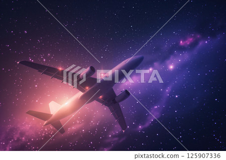 Night time of an airliner soaring above clouds AI Generation Night time of an airliner soaring above clouds AI Generation 125907336