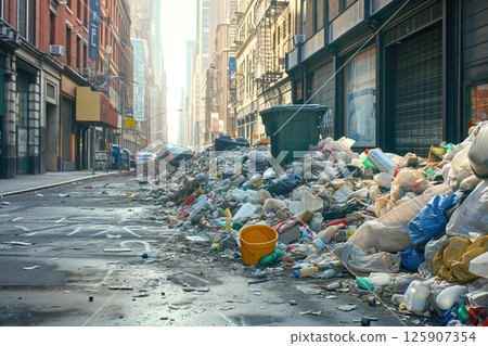 Large amount of garbage is piled up on streets of city AI Generative Large amount of garbage is piled up on streets of city AI Generative 125907354