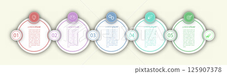 5 stages of development, improvement or training. Infographics with visual action icons for business, finance, project, plan or marketing 125907378