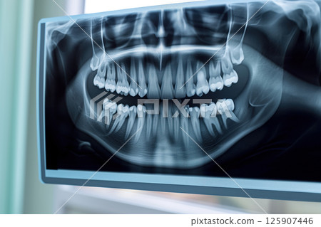 X-ray of patient teeth jaw is examined by an orthodontist a stomatologist AI Generative 125907446