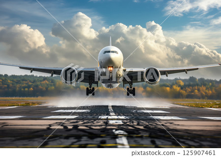 Airplane landing on runway at an airport proceeding to terminal Generative AI Airplane landing on runway at an airport proceeding to terminal Generative AI 125907461