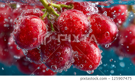 Fresh red grapes submerged in sparkling water, surrounded by rising bubbles, emphasizing freshness and hydration 125907475