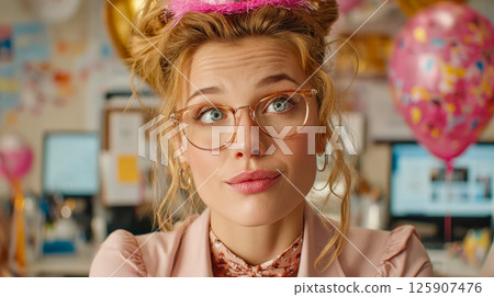 Cheerful woman making a playful expression during a celebration, surrounded by wrapped gifts and colorful decorations 125907476