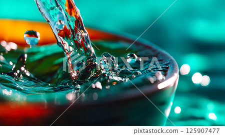 Close-up of water being poured into a colorful bowl with splash effects and vivid turquoise bokeh background 125907477