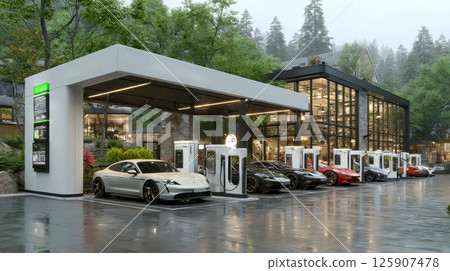 Luxury electric sports cars charging at a sleek modern EV station in front of a contemporary glass office building 125907478