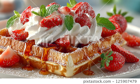 Delicious waffles topped with whipped cream, fresh strawberries, powdered sugar, and syrup, served on a white plate 125907479