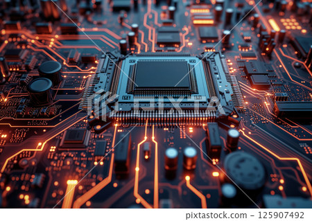 Data technology Ai analyzes central CPU on microchip interface circuit board. Generation AI 125907492