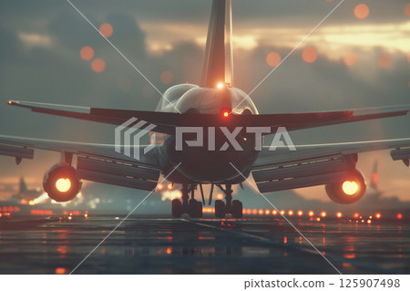 After landing at airport, airplanes taxi to terminal on runway AI Generative 125907498