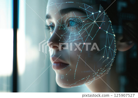 An identification system based on biometric technology, which uses face recognition to protect data online from cyber attacks AI Generative An identification system based on biometric technology, which uses face recognition to protect data online from cyber attacks AI Generative 125907527